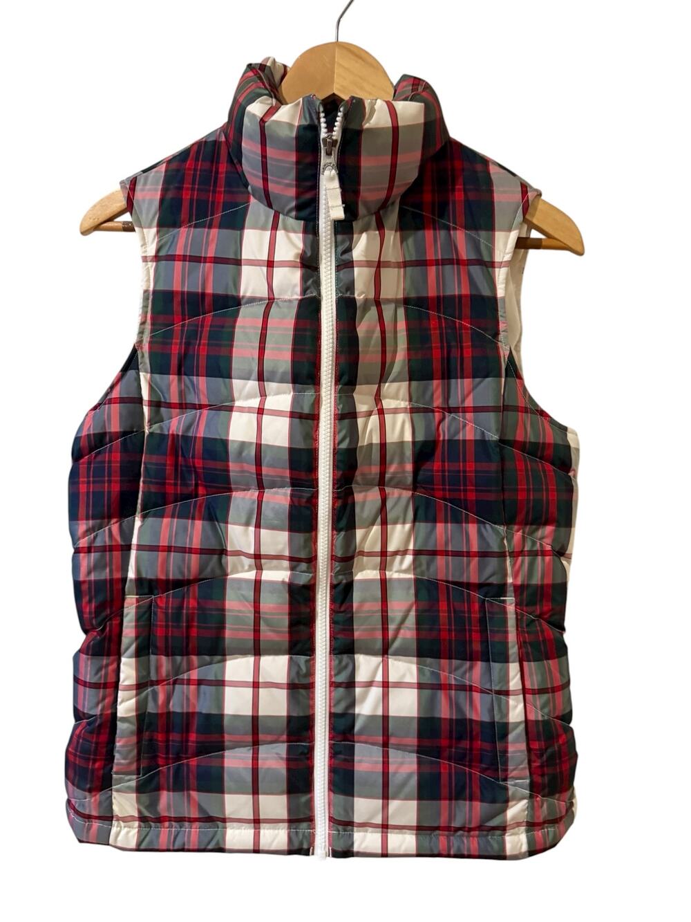 Lands End Down Puffer Vest White Tartan Plaid Print S